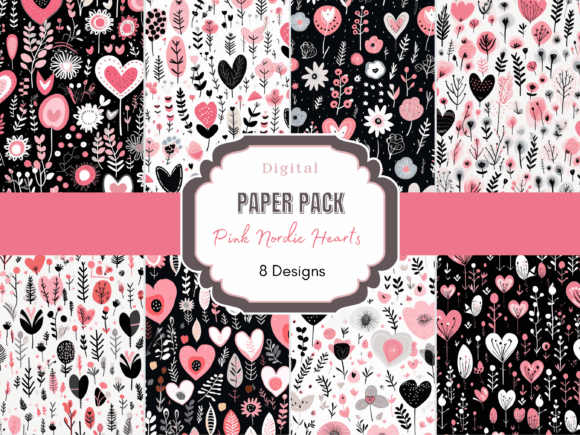 Download Pink Nordic Boho Hearts Digital Paper - Hearts digital paper Collection