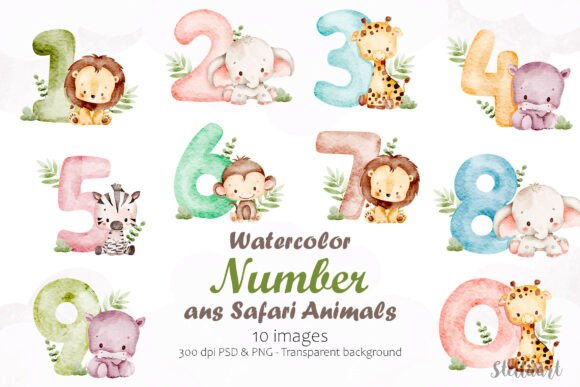 Download Watercolor Number and Safari Animals - Animal Collection